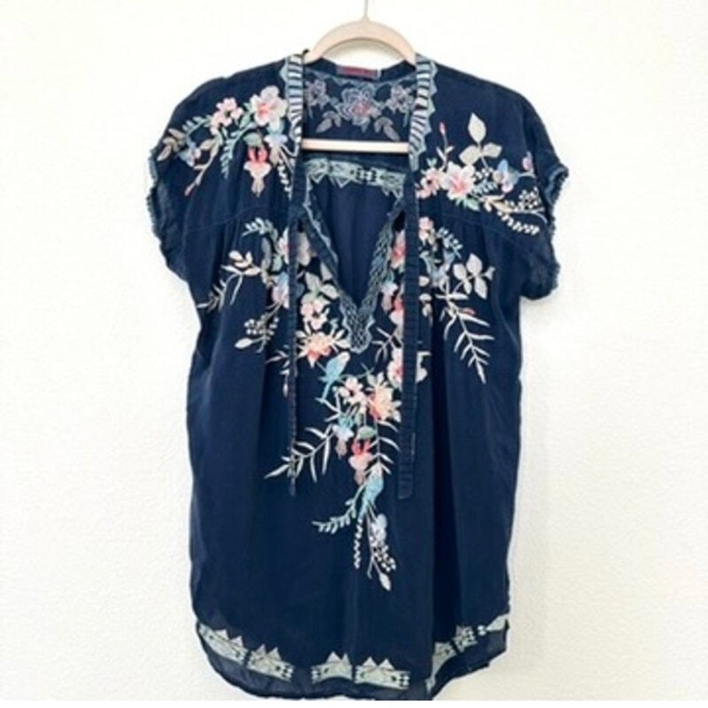 Johnny Was Navy Blue Sky Heavily Embroidered Boho Floral Blouse